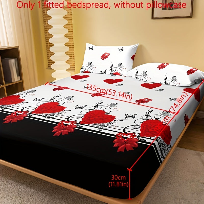 1pc Brushed Fitted Sheet (Without Pillowcase), Soft Comfortable Butterfly Red Rose Print Bedding Mattress Protector, For Bedroom, Guest Room, With Deep Pocket, Fitted Bed Sheet Only