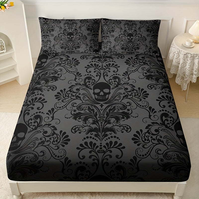 3PCS Bed Sheet Set (1 Bed Sheet + 2 Pillow Cases) - Home Dormitory High Definition Skull Black & Gray Floral Print