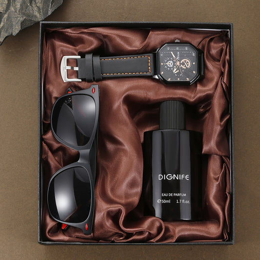Men's Watch Gift Set Trio: Quartz Movement, Non-Waterproof Zinc Alloy Case with PU Leather Strap, Glasses & Eau de Parfum, Classic Minimalist Style Bundle - Ideal Birthday or Holiday Present for Him