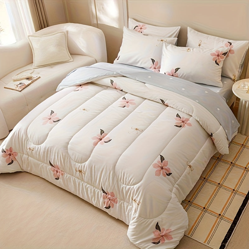 7pcs Fashion Freshness Nature Rural Flowers Quilt Set (1 Quilt +1 Bed Cap +1 Bed Sheet +4 Pillowcase Without Pillow Core), Contains Padding 180gsm Quilting Soft Ventilate Bedroom Dormitory