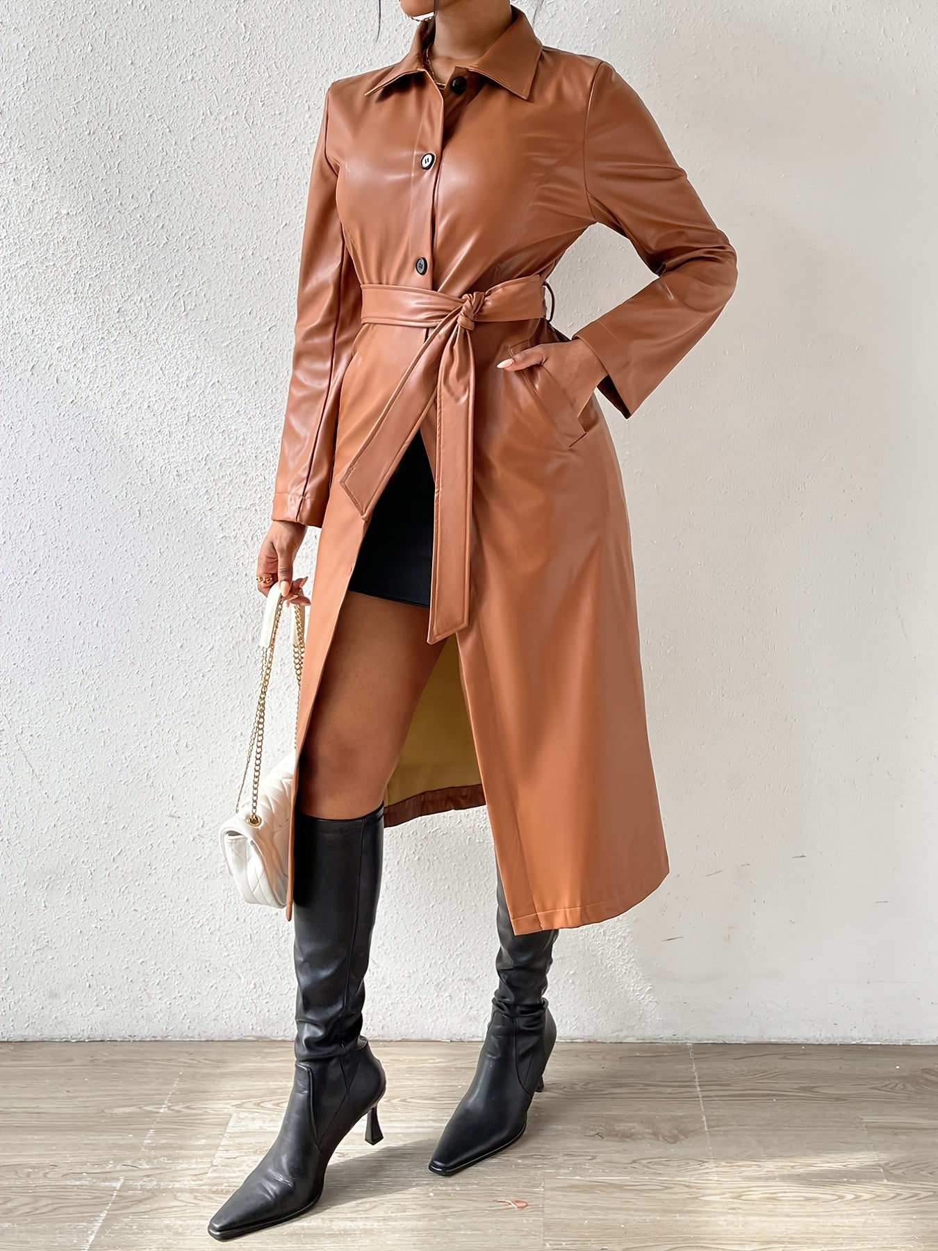 Solid Single Breasted Belted Jacket, Elegant Faux Leather Long Sleeve Overcoat, Women's Clothing