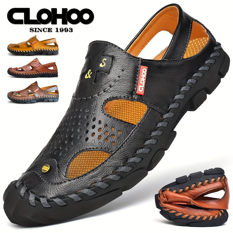 CLOHOO Mens Round Toe Sandals - Durable Handmade Stitching, Non-Slip Rubber Sole, Comfortable PU Insole, Breathable Fabric Lining, Second Layer Cowhide Upper, Slip-On Closure, Perfect for Indoor, Outdoor, Beach, Vacation, Spr
