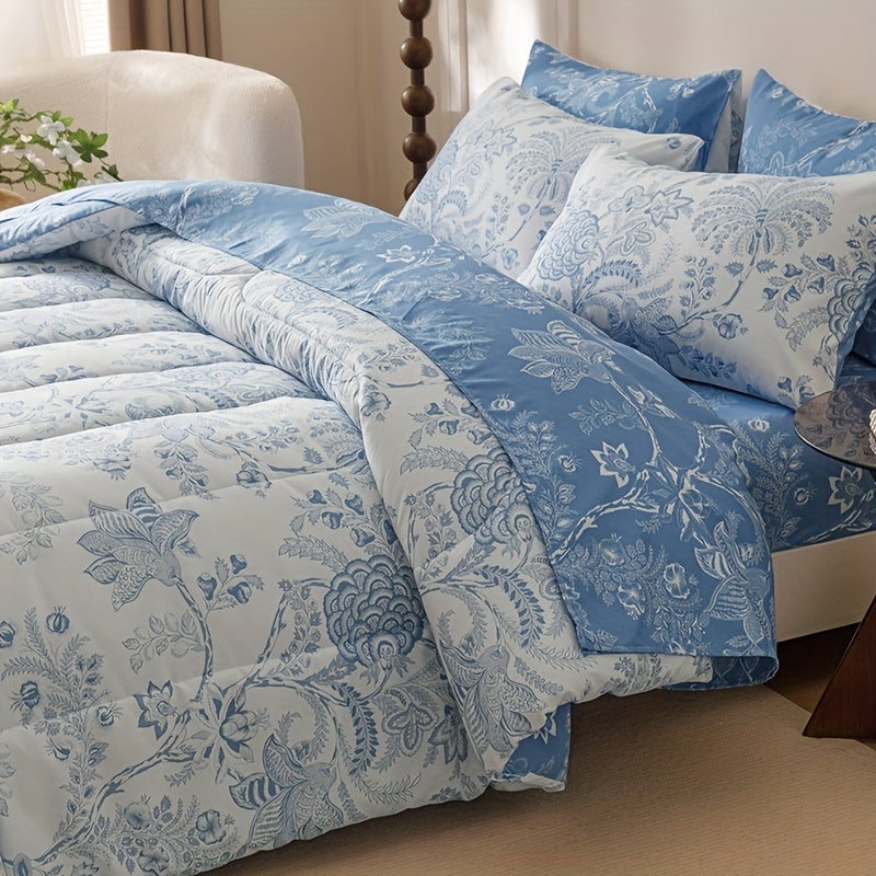 7pcs Blue Flower Plant Design Two-sidedlarge Sizeextra Large Quilt Set (1 Quilt +1 Bed Cap +1 Bed Sheet +4 Pillowcase Without Pillow Core), Contains Padding 180gsm Quilting Soft Ventilate The Four Seasons Apply Bedroom Dormit