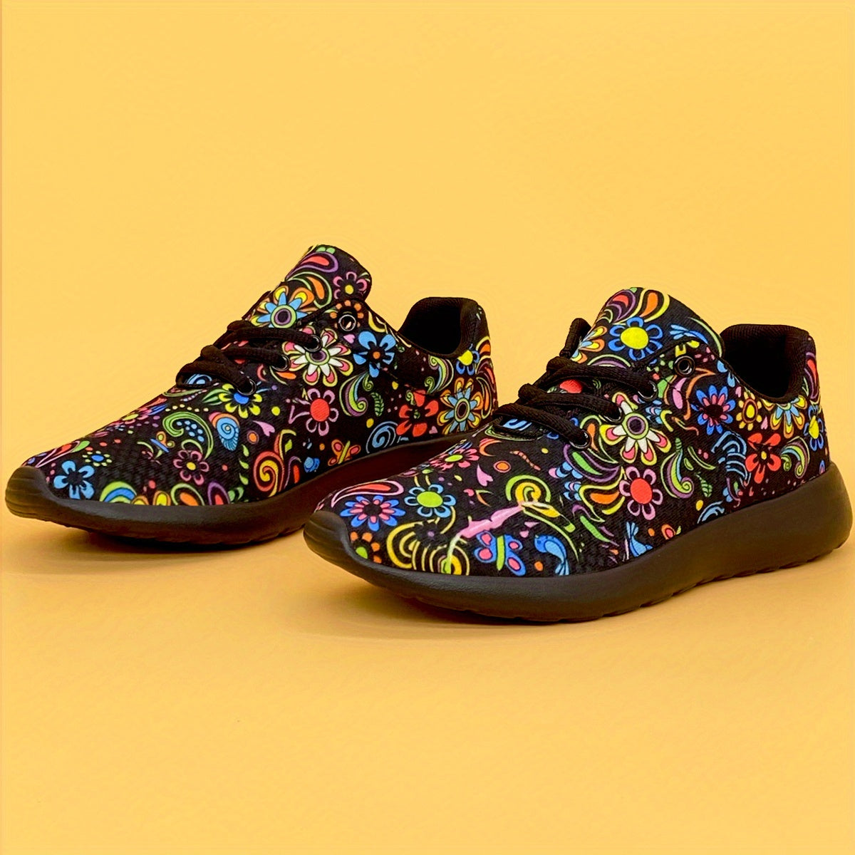 Women's Mexican Flower Pattern Lightweight Sneakers - Lace-Up Running Shoes, Casual & Stylish - Breathable Fabric & Rubber Sole - For Women - Suitable for Everyday Wear, Running & Casual Outings - Perfect Gift for Fashionable