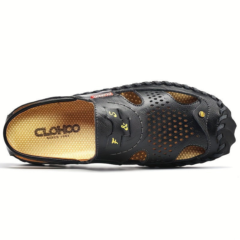 CLOHOO Mens Round Toe Sandals - Durable Handmade Stitching, Non-Slip Rubber Sole, Comfortable PU Insole, Breathable Fabric Lining, Second Layer Cowhide Upper, Slip-On Closure, Perfect for Indoor, Outdoor, Beach, Vacation, Spr