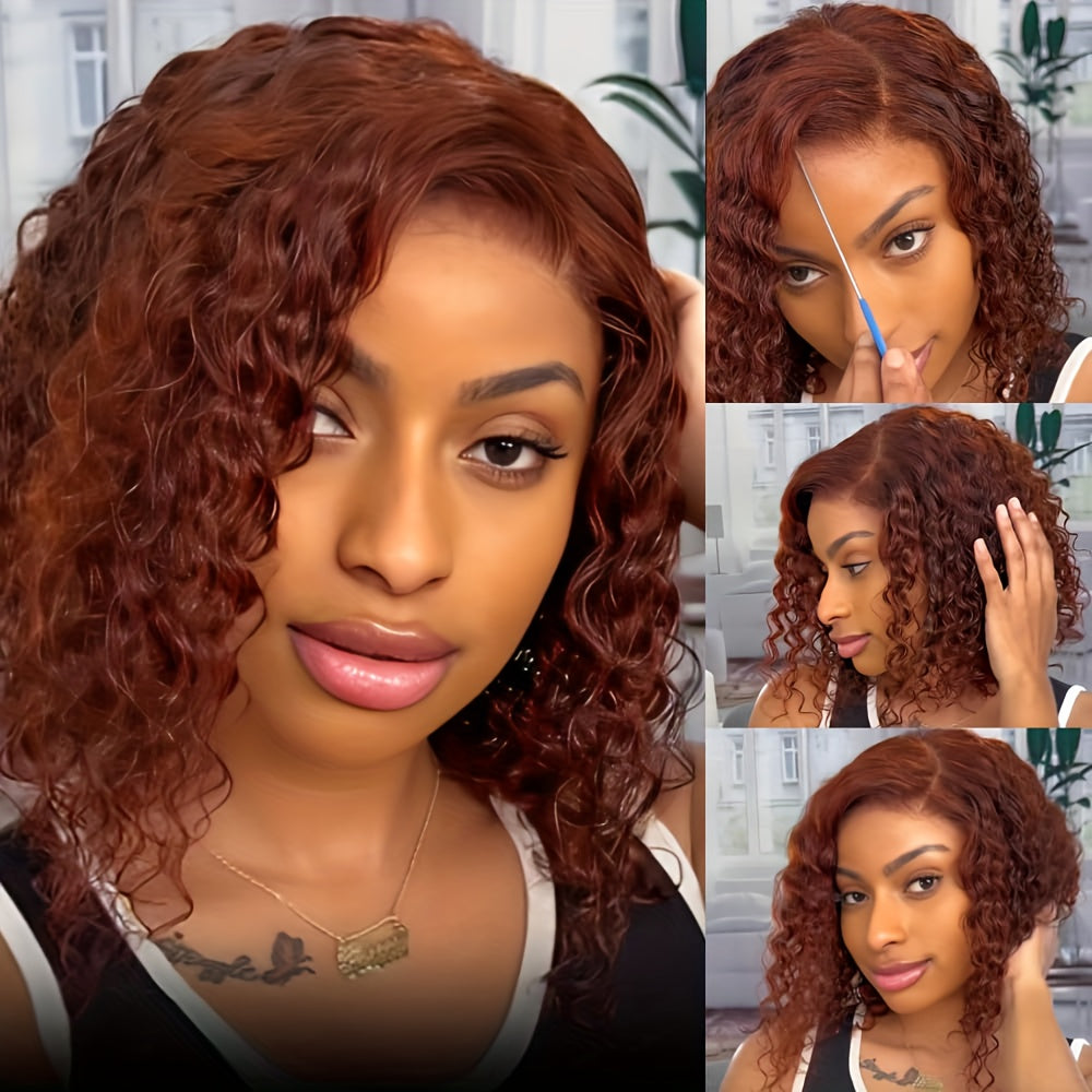 KLAIYI Glueless Reddish Brown Curly Bob Wig - 7x5 Lace Front, Pre-Cut, Pre-Plucked, Pre-Bleached Human Hair Wig for Women - Easy to Wear, Put On and Go, Natural Hairline, No Shedding, No Tangle