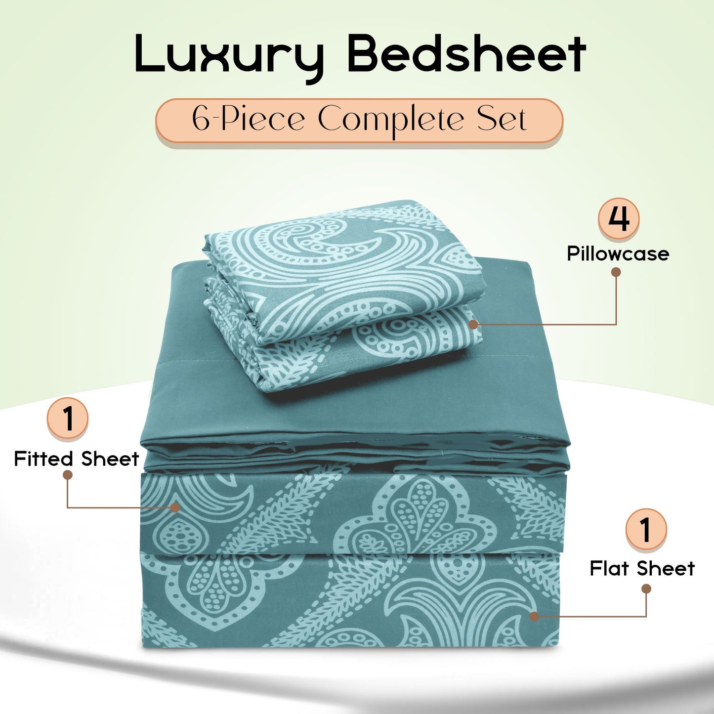 Lux Decor 6 Pieces Paisley Bed Sheet, Breathable Hotel Style Sheets, Microfiber Sheets Deep Pockets, Easy-Fit, Soft & Wrinkle Free Oeko-Tex Cooling Bed Sheets