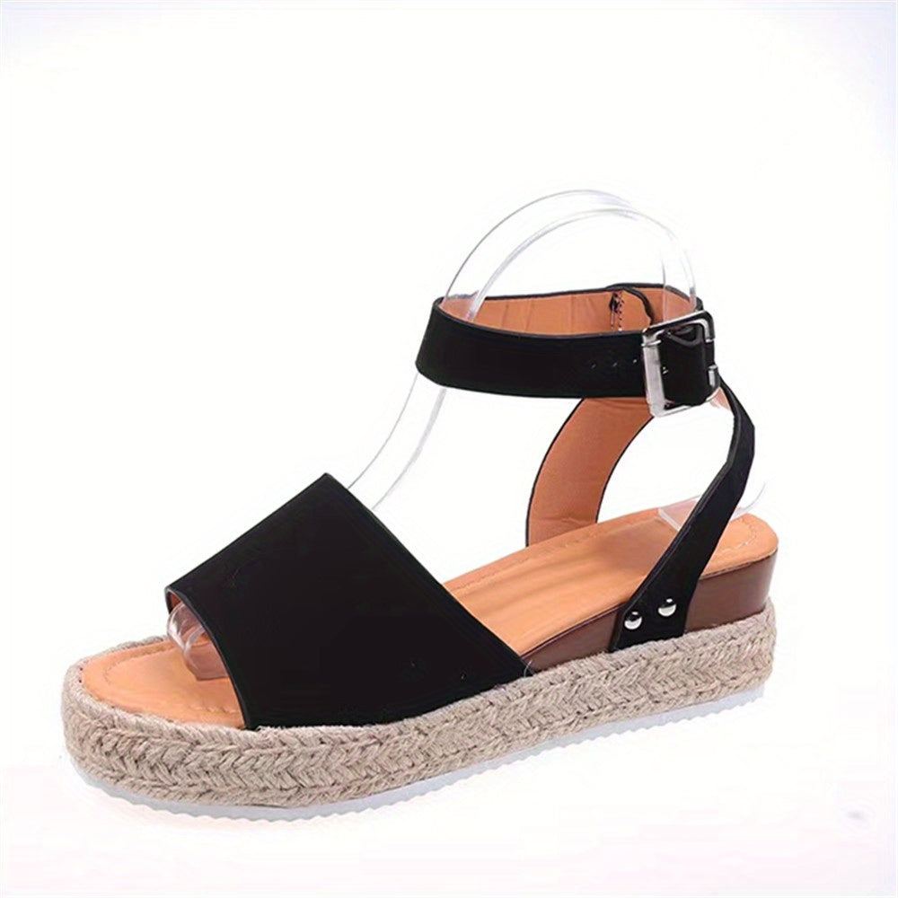 Mid Heel Platform Espadrille Sandals - Buckle Ankle Strap, Open Toe, Lightweight, Non Slip, Faux Leather Upper, PU Sole, Comfortable, Casual, Solid Color, Summer Shoes for Women