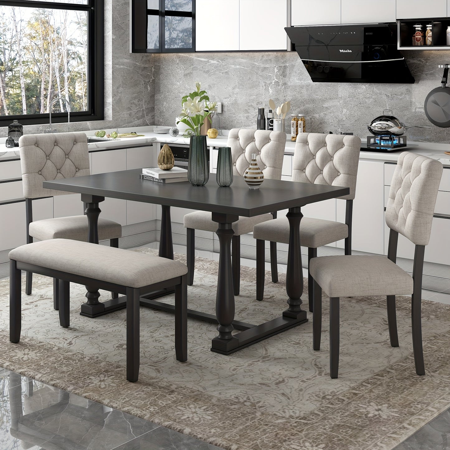 TREXM 6-Piece Dining Table And Chair Set With Special-shaped Legs And Foam-covered Seat Backs&Cushions For Dining Room (Gary)