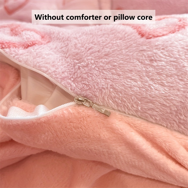 3pcs autumn and winter thickened double-sided warm velvet love, butterfly, bow, gravure pattern snowflake velvet kit, (1 quilt cover, 2 pillowcases, no bed sheet, quilt and pillow), bedding, very suitable for bedroom and dorm