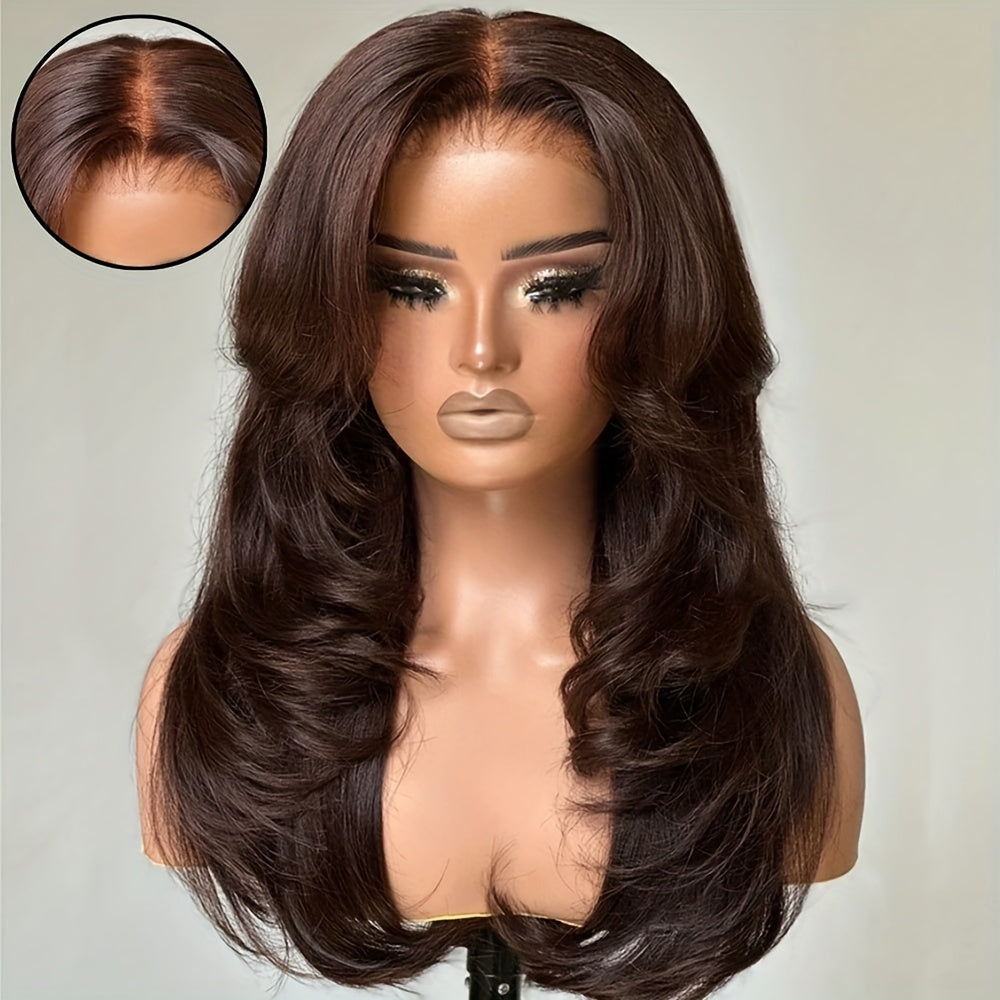Basics Style Unisex-Adult Body Wave Lace Wig | Pre-Plucked 4x4 Transparent Swiss Lace | 180% Density Brazilian Human Hair | Long Layered Wavy Wig with Curtain Bangs | Suitable for All - 28 Inch