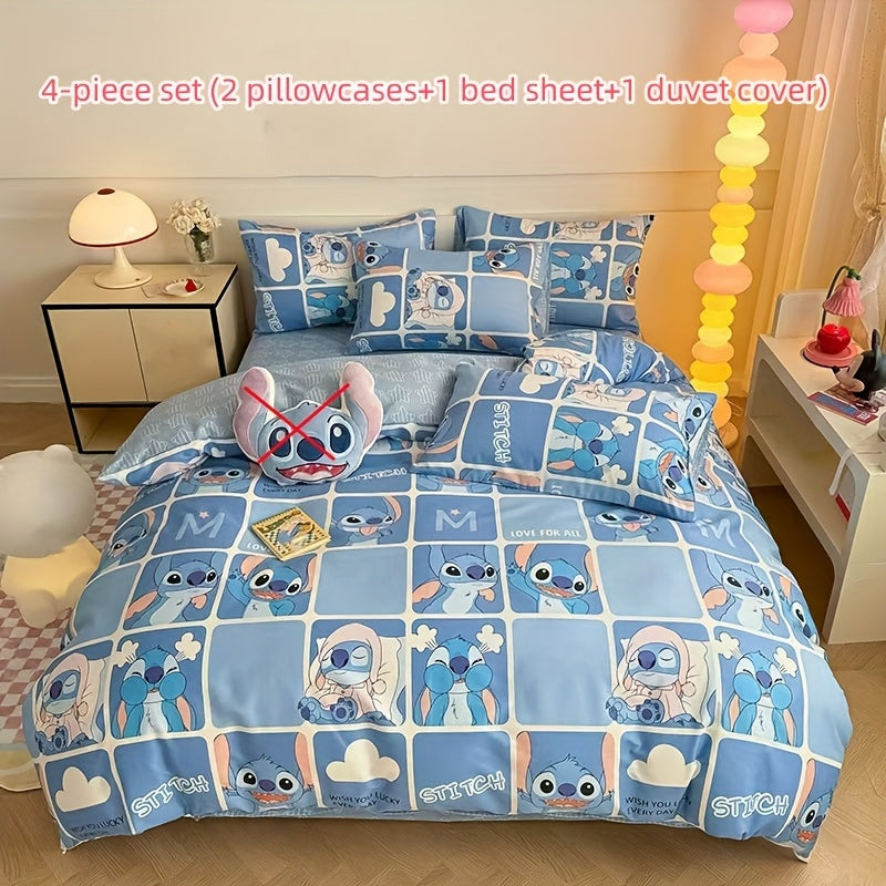 Back to School Stitch-Theme 4pcs Bedding Set (No Pillow Core And Quilt Core)- Available for All Seasons, Kawaii Comfortable Pillowcases, Duvet Cover, Bed Sheet, Dorm & Travel Supplies, Christmas Birthday Halloween New Year Mo