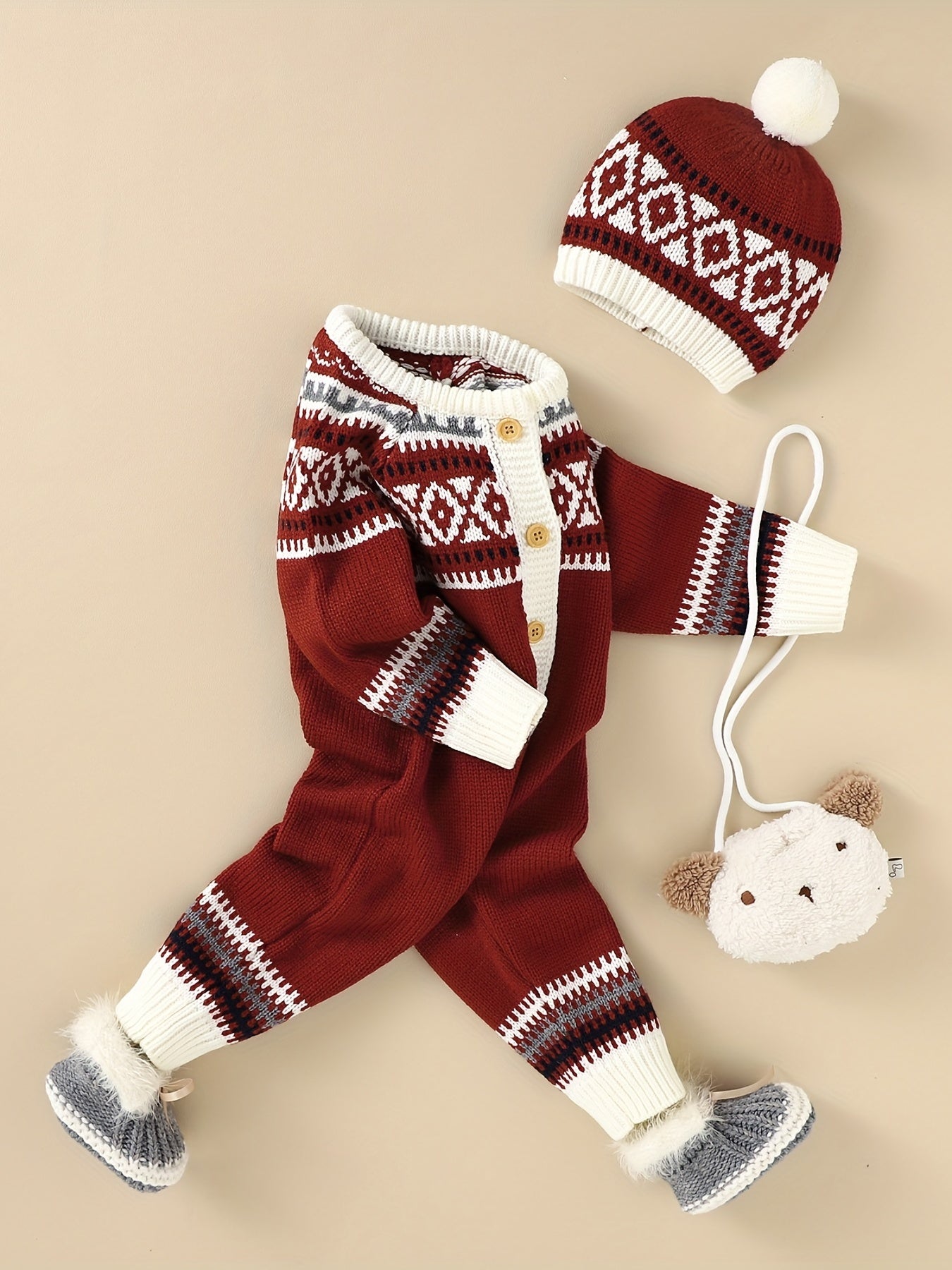 Newborn Infant Geometric Pattern Sweater Romper Long Sleeve Button Jumpsuit & Hat For Toddler Baby Boys And Girls, Suitable For Indoor And Outdoor Wear