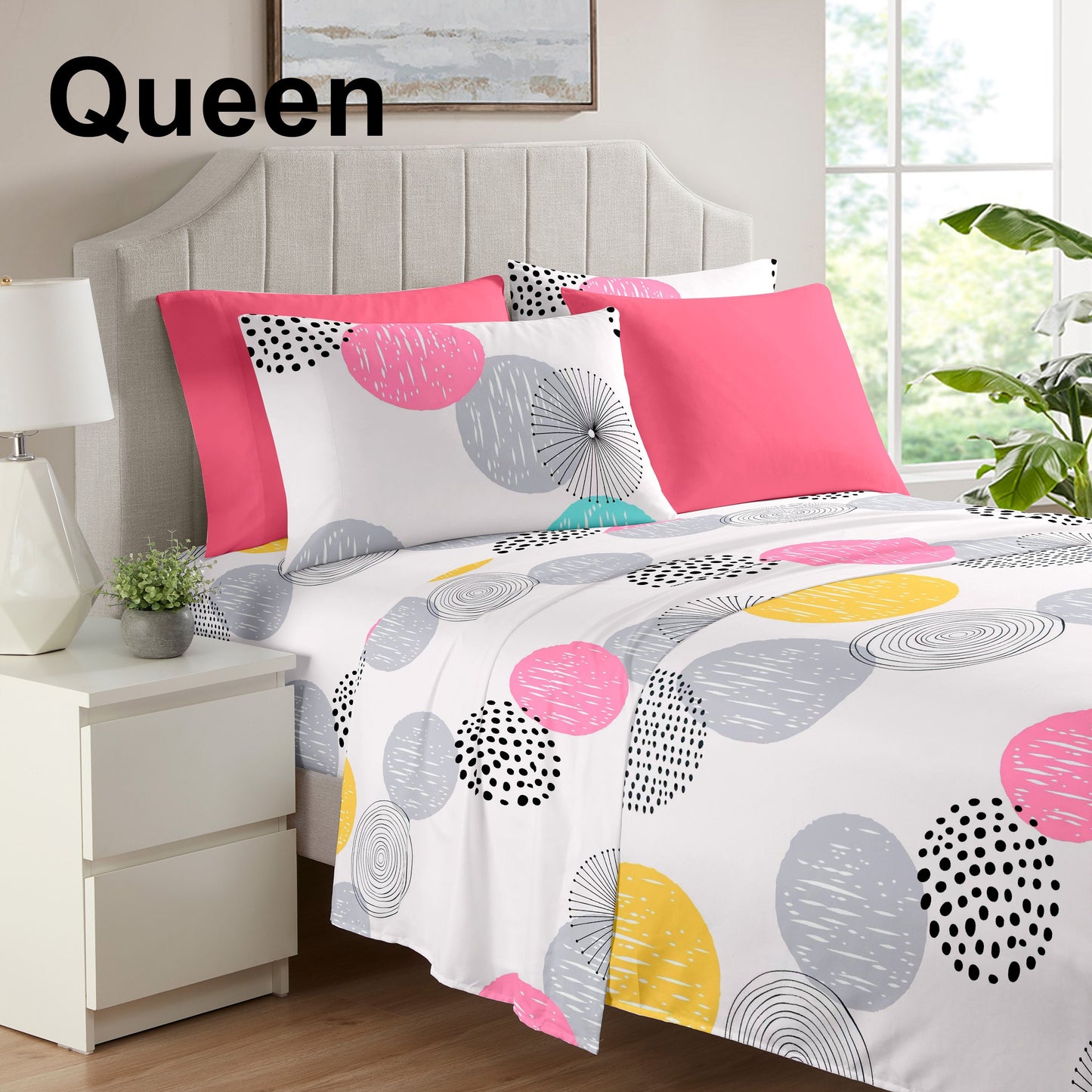 4/6 pcs Circle Printed Microfiber Bed Sheet Set 1/2 Solid Pillowcases + 1/2 Printed Pillowcases + 1 pc Flat Sheet + 1 pc Fitted Sheet (Deep Pocket 35cm/13.77inch) Suit For Bedroom Guest Room Hotel For All Season