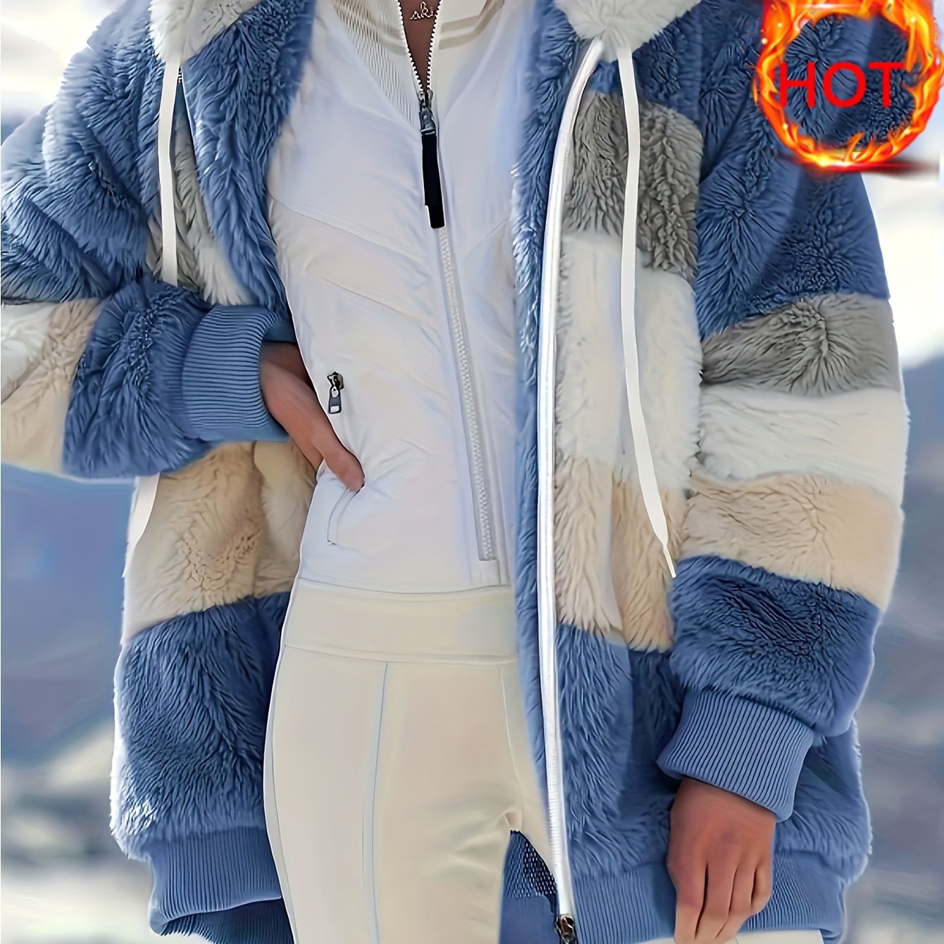 Women's Cozy Fur-Trimmed Hooded Jacket - Multicolor Striped, Loose Fit, Long Sleeve, Fall/Winter Fashion Outerwear with Pockets, Cozy Travel Jacket | Vacation Style Jacket | Plush Polyester