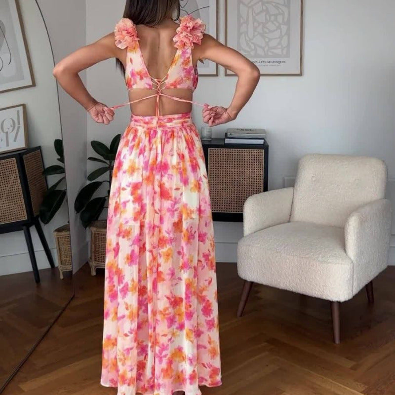 Autumn European And American Fashion Casual Home Floral Backless Dress Women