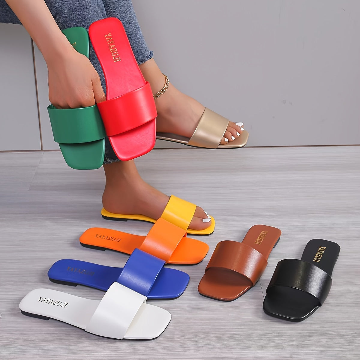 Women's Colorful Slide Sandals - Fashionable Open-Toe Flats with Ankle Strap, Faux Cover Upper & Rubber Sole, Casual Summer Shoes in Red, Green, Yellow, Blue, Brown, Black, White, Summer Footwear | Fashionable Flats | Durable