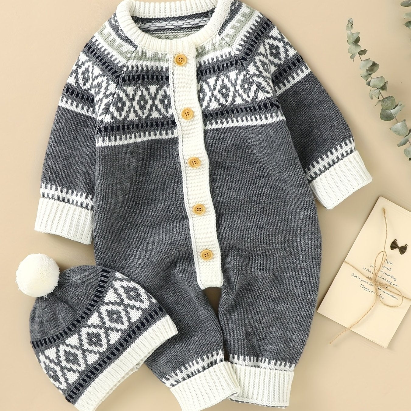 Newborn Infant Geometric Pattern Sweater Romper Long Sleeve Button Jumpsuit & Hat For Toddler Baby Boys And Girls, Suitable For Indoor And Outdoor Wear