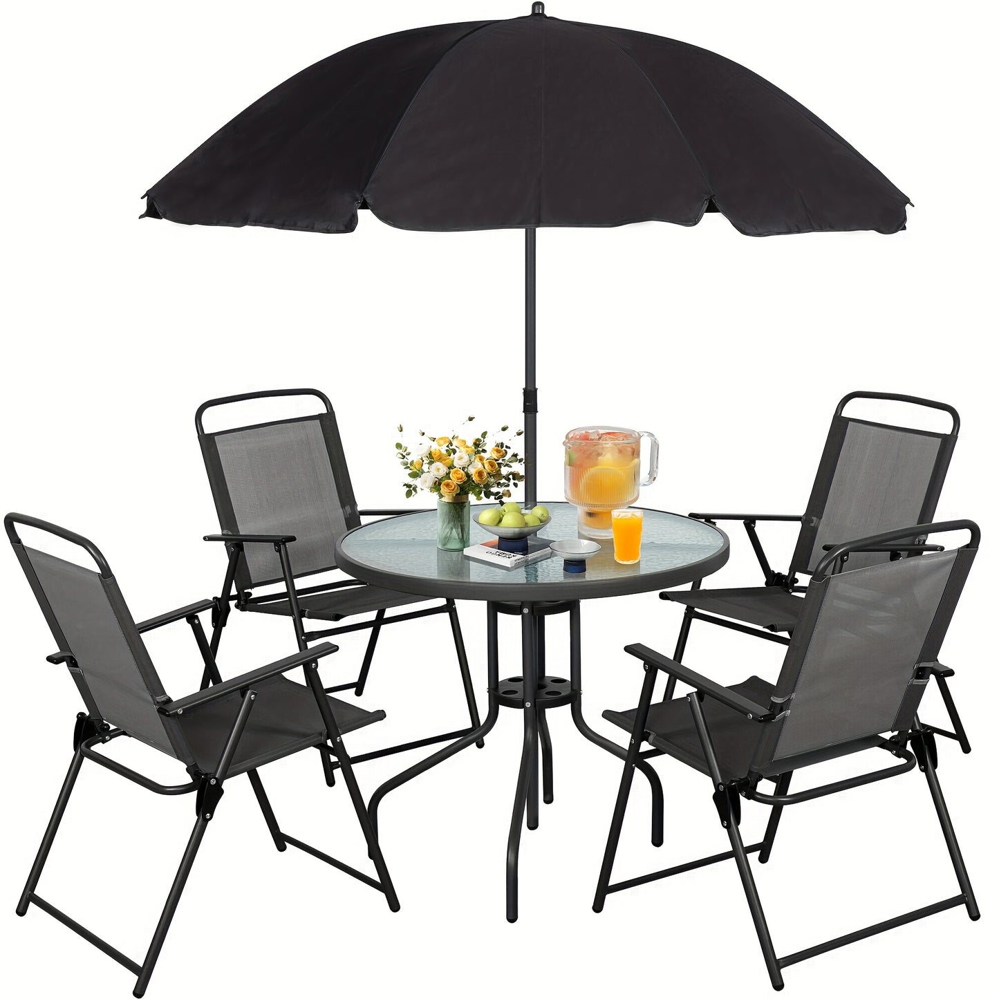 Vongrasig 6 Piece Folding Patio Dining Set, Small Metal Outdoor Garden Patio Table and Chair Set w/Umbrella for Lawn, Deck, Backyard