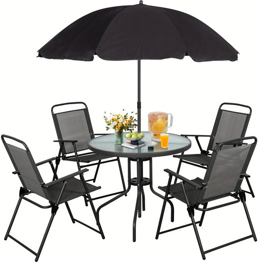 Vongrasig 6 Piece Folding Patio Dining Set, Small Metal Outdoor Garden Patio Table and Chair Set w/Umbrella for Lawn, Deck, Backyard