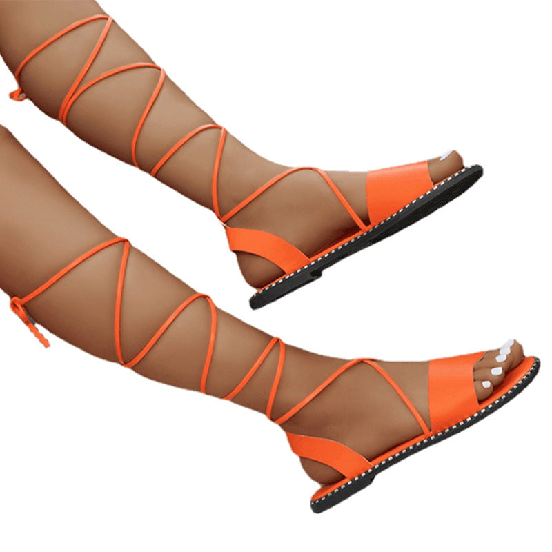 Stylish Women's Flat Sandals - Lace Up, Non Slip, Open Toe, Fashion Solid Color Design - Perfect for Casual Outdoor, Beach, Koningsdag/King's Day Celebrations