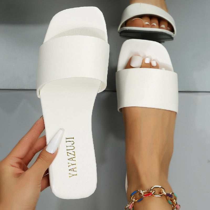 Women's Colorful Slide Sandals - Fashionable Open-Toe Flats with Ankle Strap, Faux Cover Upper & Rubber Sole, Casual Summer Shoes in Red, Green, Yellow, Blue, Brown, Black, White, Summer Footwear | Fashionable Flats | Durable