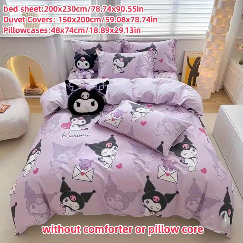 4pcs Kuromi Bed Sheet Set, Adorable Anime Print Bedroom Supplies, Fashion Quilt Cover, Bed Sheet,(1*quilt Cover+ 2*Pillowcase, 1*bed Sheet), Soft And Durable Bedding for Bedroom