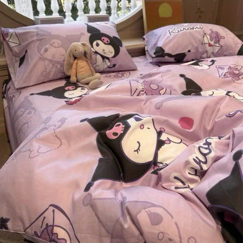 4pcs Kuromi Bed Sheet Set, Adorable Anime Print Bedroom Supplies, Fashion Quilt Cover, Bed Sheet,(1*quilt Cover+ 2*Pillowcase, 1*bed Sheet), Soft And Durable Bedding for Bedroom