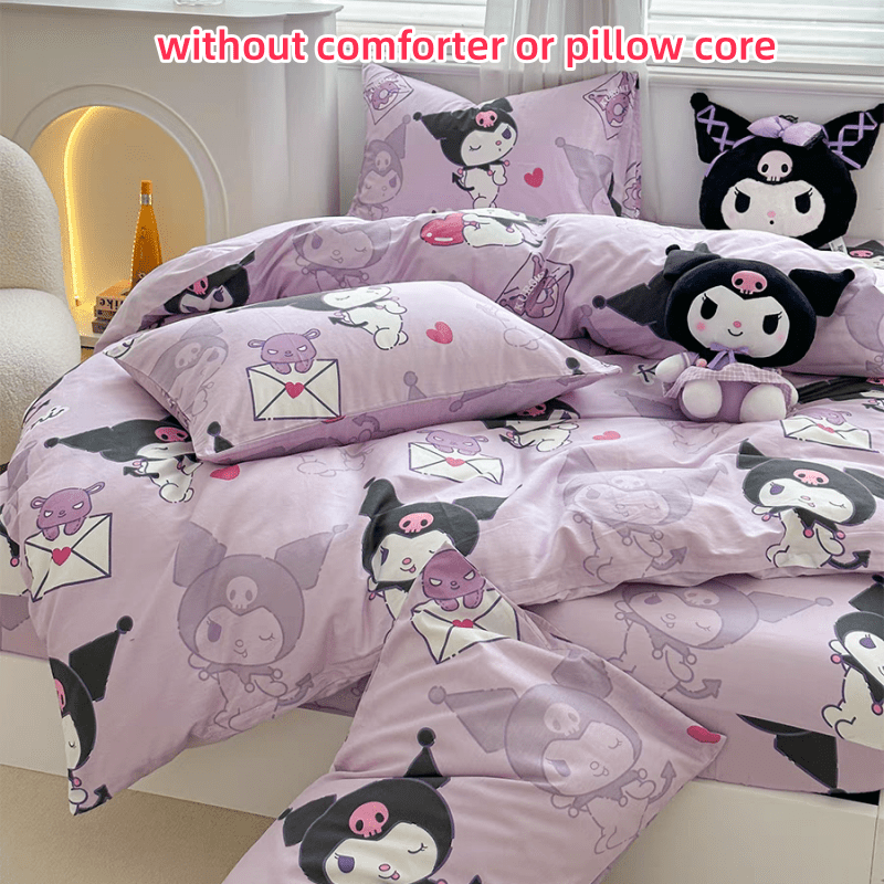 4pcs Kuromi Bed Sheet Set, Adorable Anime Print Bedroom Supplies, Fashion Quilt Cover, Bed Sheet,(1*quilt Cover+ 2*Pillowcase, 1*bed Sheet), Soft And Durable Bedding for Bedroom