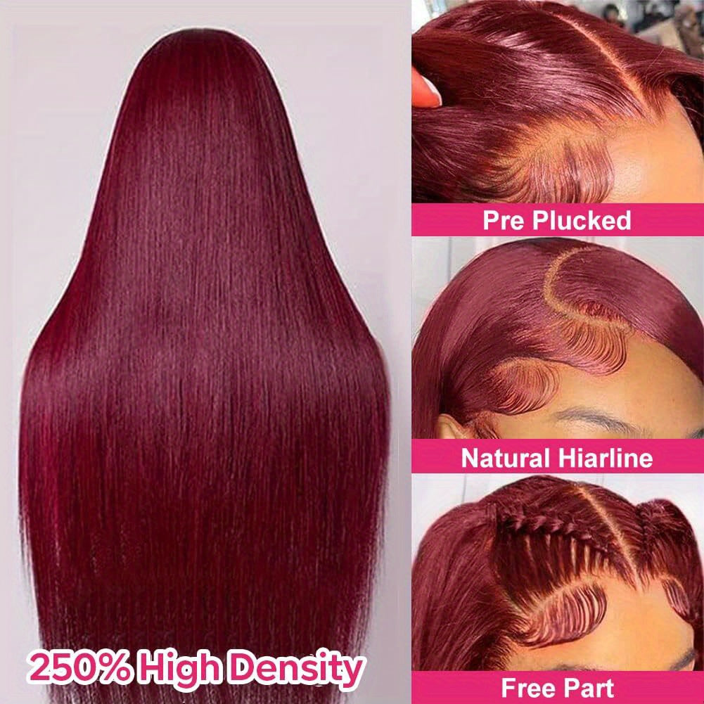250% Density 99J Burgundy 13X4 Lace Front Wigs Human Hair 250% Density Straight Human Hair Wigs HD Transparent Lace Front Wigs for Black Women with Bleached Knots Natural Hairline