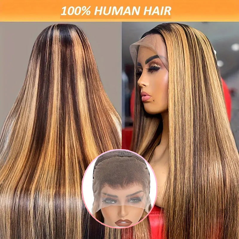 245% Density 4/27 Highlight Ombre Lace Front Wig Human Hair 13x5 Frontal HD Transparent Lace Pre Plucked Straight Lace Front Wig Human Hair Brown Colored Honey Blonde Lace Front Wig Human Hair