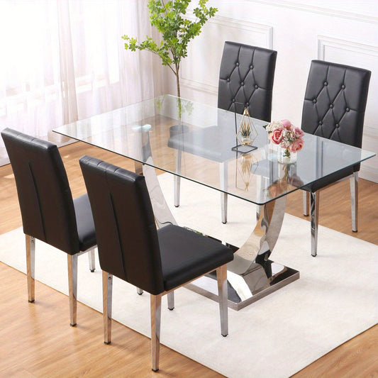 Table and chair set, modern dining table, tempered glass tabletop and silver-colored leg table, soft and comfortable dining chair, perfect for dinner, meetings, home and office decor