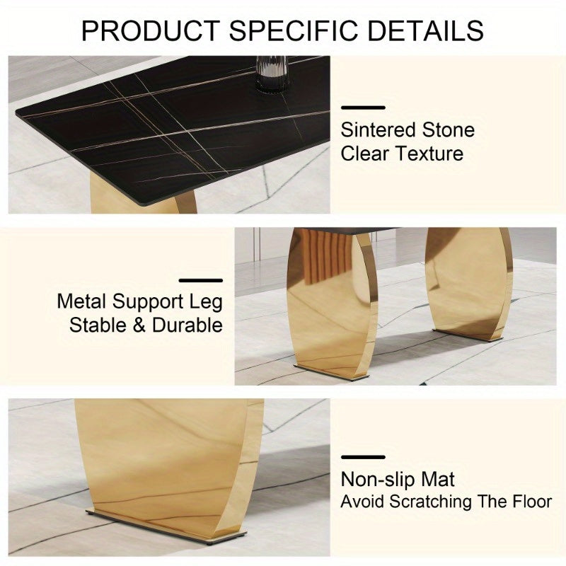 Table and chair set, Modern rectangular table with 0.4 inch black patterned tabletop and Golden legs, suitable for kitchen, dining room, and living room, Comfortable PU seats, perfect for dinner, meet