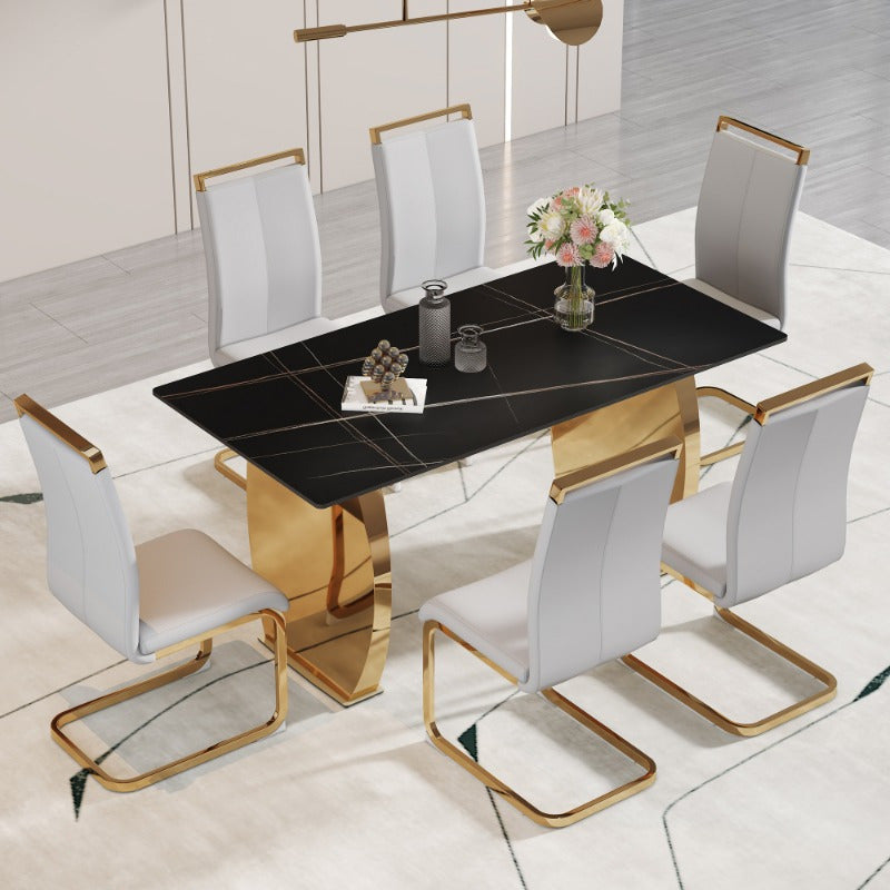 Table and chair set, Modern rectangular table with 0.4 inch black patterned tabletop and Golden legs, suitable for kitchen, dining room, and living room, Comfortable PU seats, perfect for dinner, meet