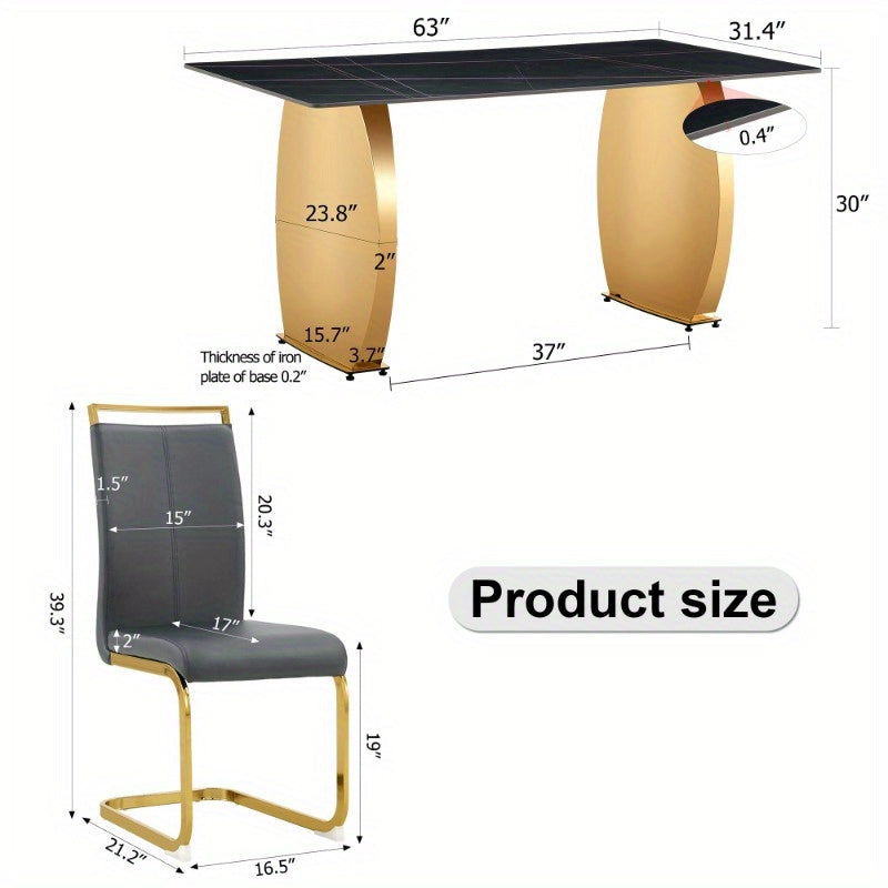 Table and chair set, Modern rectangular table with 0.4 inch black patterned tabletop and Golden legs, suitable for kitchen, dining room, and living room, Comfortable PU seats, perfect for dinner, meet