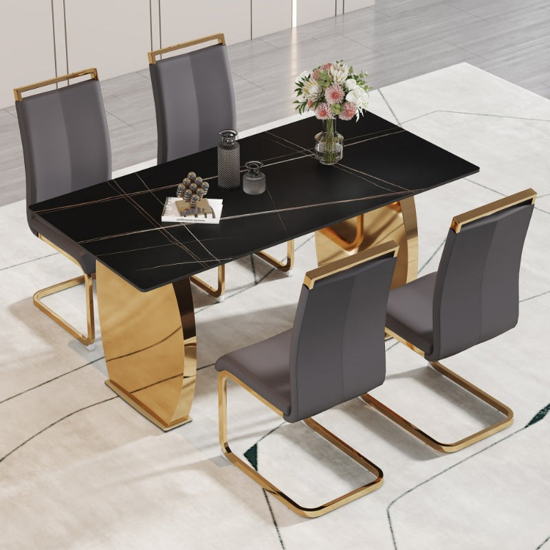 Table and chair set, Modern rectangular table with 0.4 inch black patterned tabletop and Golden legs, suitable for kitchen, dining room, and living room, Comfortable PU seats, perfect for dinner, meet