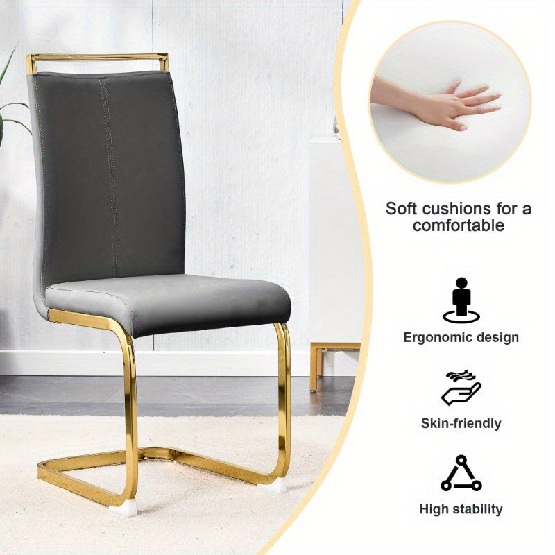 Table and chair set, Modern rectangular table with 0.4 inch black patterned tabletop and Golden legs, suitable for kitchen, dining room, and living room, Comfortable PU seats, perfect for dinner, meet