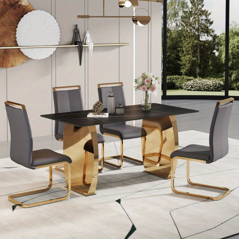 Table and chair set, Modern rectangular table with 0.4 inch black patterned tabletop and Golden legs, suitable for kitchen, dining room, and living room, Comfortable PU seats, perfect for dinner, meet