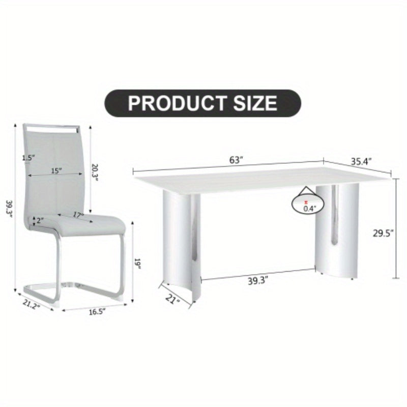 Dining Table and Chair Set. 1 Rectangular Table with White Imitation Marble Tabletop and Silver Metal Legs, Paired with 6 Black PU Chairs with Silver Legs. Model DT-1544 C-008. Stylish and Durable Furniture for Your Home.
