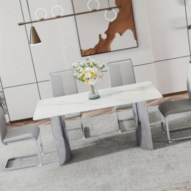 Dining Table and Chair Set. 1 Rectangular Table with White Imitation Marble Tabletop and Silver Metal Legs, Paired with 6 Black PU Chairs with Silver Legs. Model DT-1544 C-008. Stylish and Durable Furniture for Your Home.