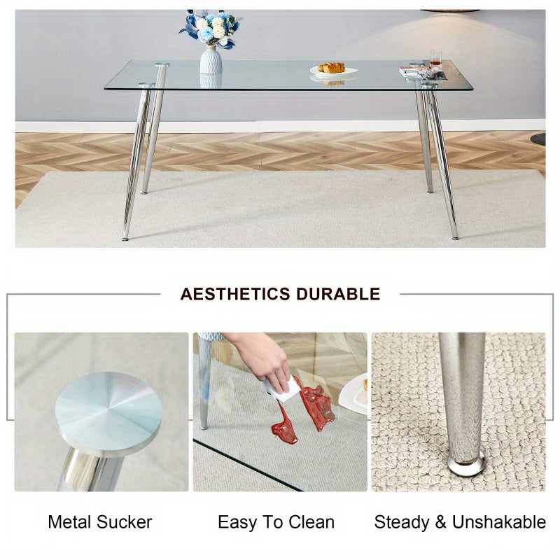 Table and chair set.Modern rectangular glass dining table with tempered glass countertop and silver metal legs, paired with multiple transparent high-quality PET dining chairs with silver legs.