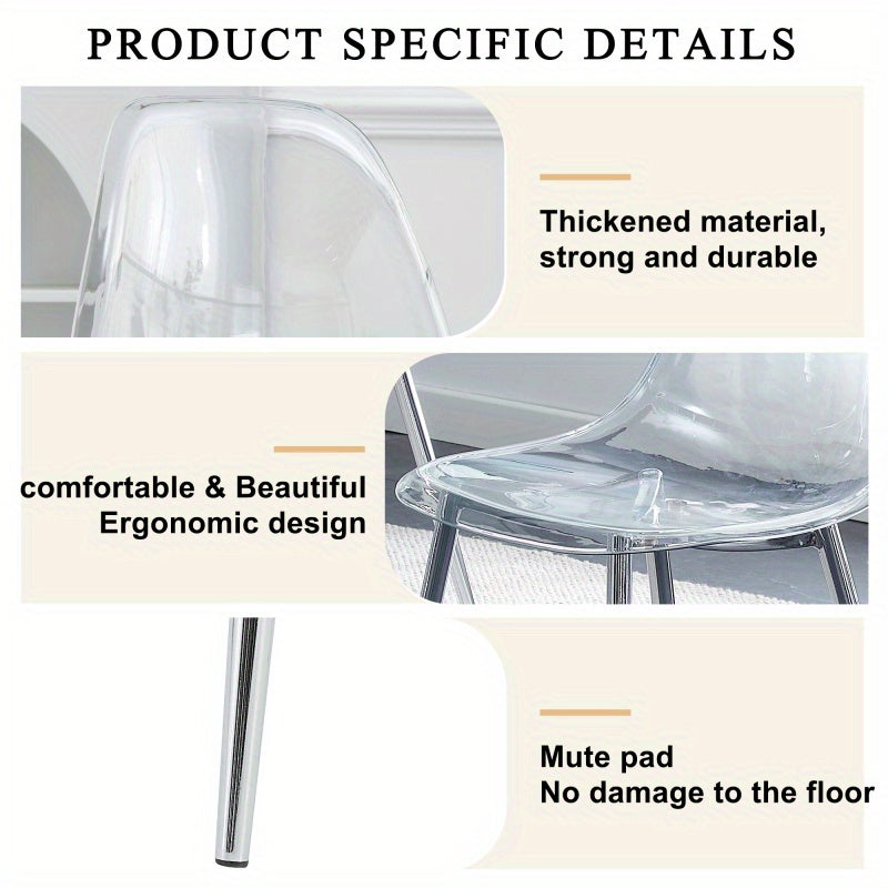 Table and chair set.Modern rectangular glass dining table with tempered glass countertop and silver metal legs, paired with multiple transparent high-quality PET dining chairs with silver legs.