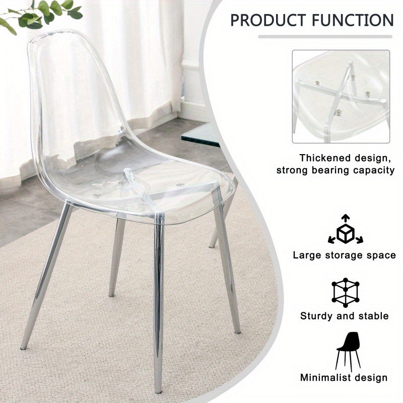 Table and chair set.Modern rectangular glass dining table with tempered glass countertop and silver metal legs, paired with multiple transparent high-quality PET dining chairs with silver legs.