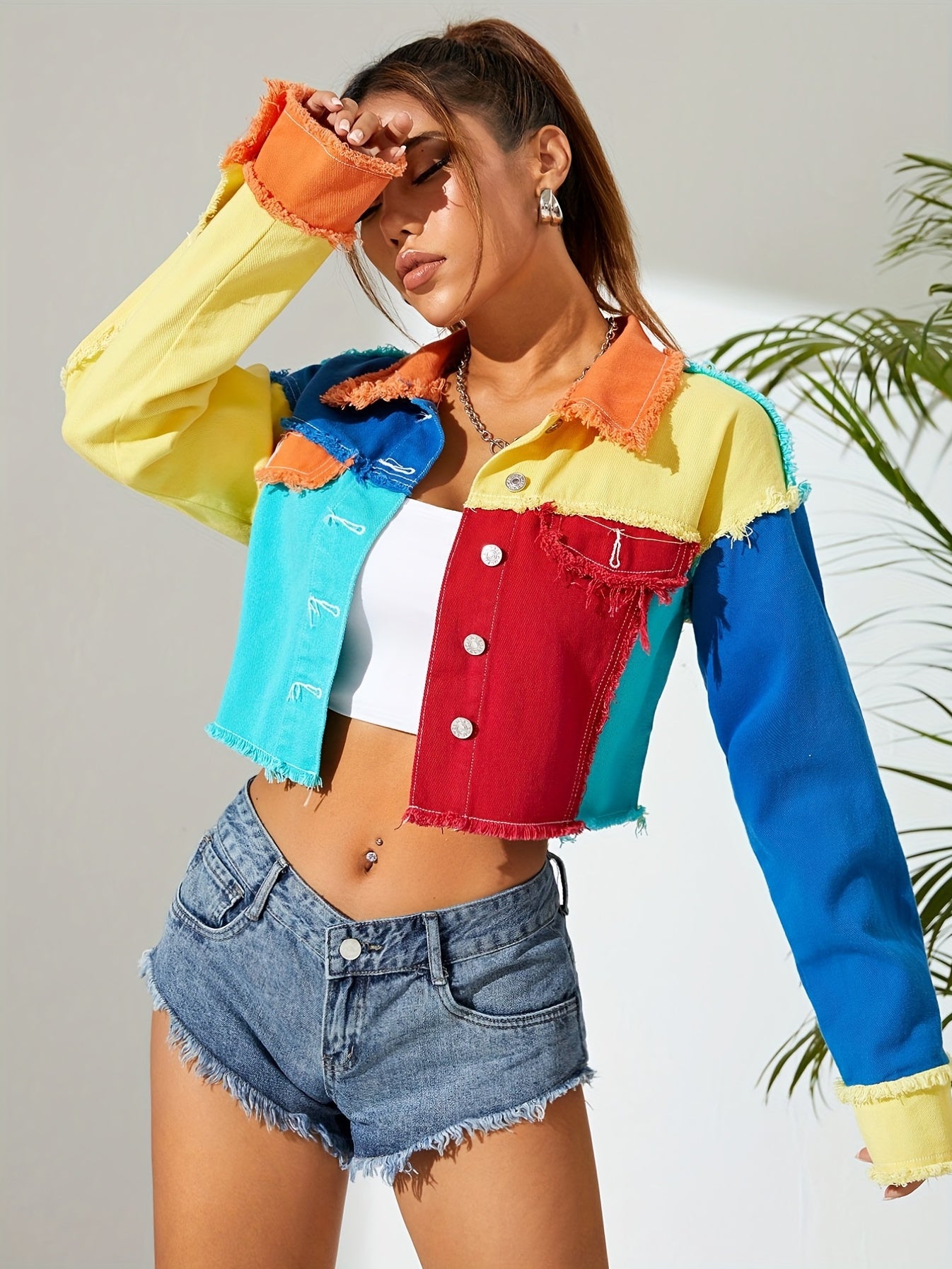 Women's Colorblock Raw Hem Denim Jacket - Street Style Lapel Coat with Long Sleeves and Patchwork Design