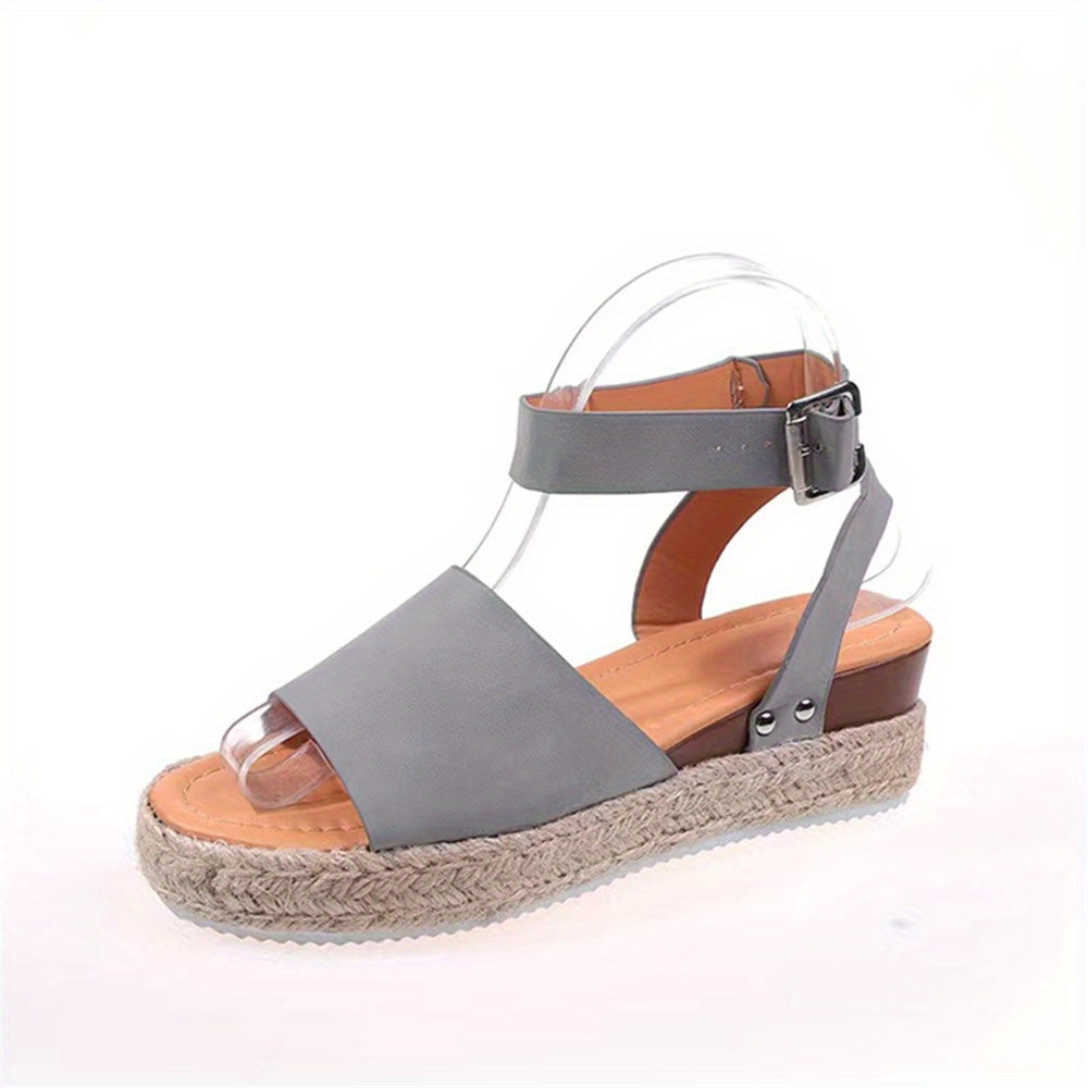 Mid Heel Platform Espadrille Sandals - Buckle Ankle Strap, Open Toe, Lightweight, Non Slip, Faux Leather Upper, PU Sole, Comfortable, Casual, Solid Color, Summer Shoes for Women
