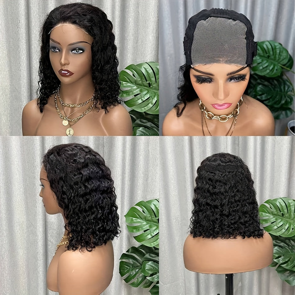 Glamorous Deep Wave Brazilian Human Hair Wig for Women - Glueless 4x4 Transparent Lace Frontal, Pre-Plucked, Free Part, 150% Density, Natural Black