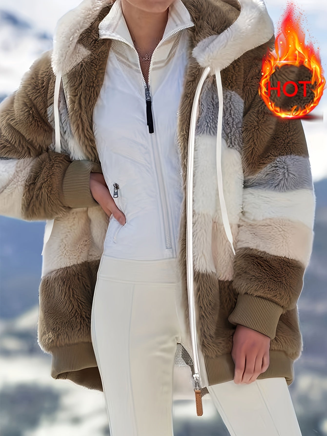 Women's Cozy Fur-Trimmed Hooded Jacket - Multicolor Striped, Loose Fit, Long Sleeve, Fall/Winter Fashion Outerwear with Pockets, Cozy Travel Jacket | Vacation Style Jacket | Plush Polyester