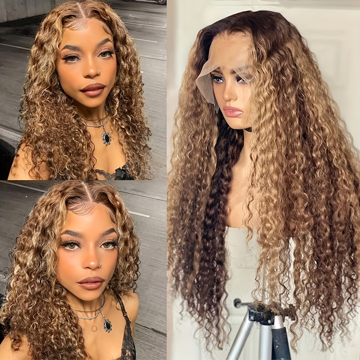 Highlight Ombre 13x4 Lace Front Wig Human Hair Pre Plucked HD Transparent 4/27 Honey Blonde Lace Frontal Wigs With Baby Hair 200% Density Colored Water Wave Lace Front Wig Human Hair For Women