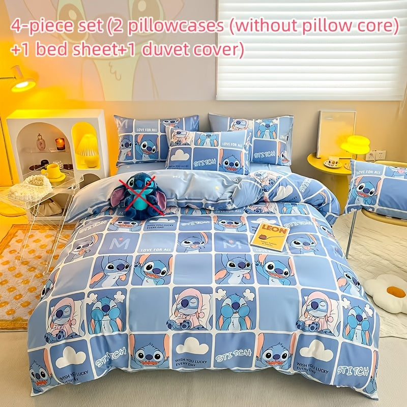 Back to School Stitch-Theme 4pcs Bedding Set (No Pillow Core And Quilt Core)- Available for All Seasons, Kawaii Comfortable Pillowcases, Duvet Cover, Bed Sheet, Dorm & Travel Supplies, Christmas Birthday Halloween New Year Mo
