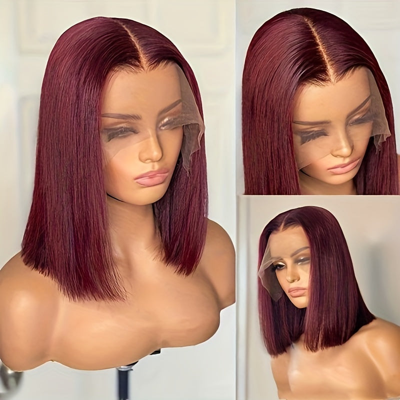 13*4 Red Straight Bob Wig - 180% Density Remy Human Hair Wig with Pre-Plucked Lace Front for Women and Girls